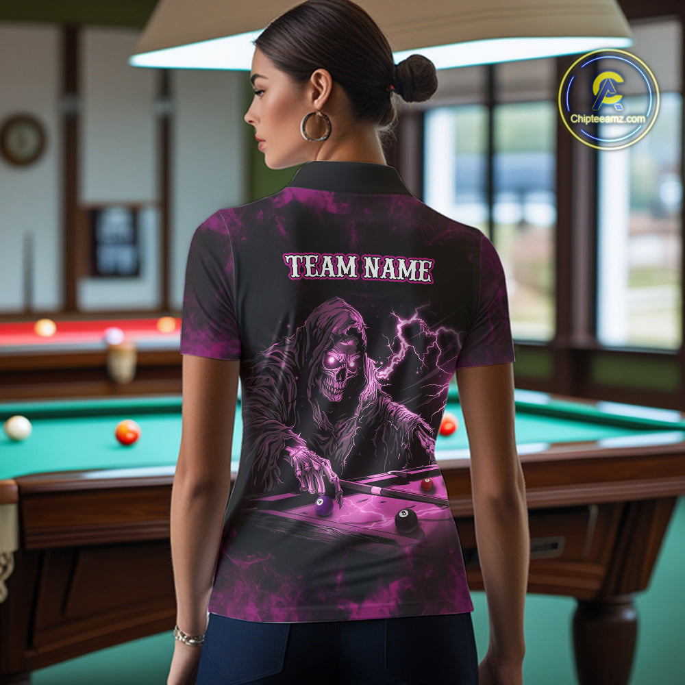Personalized Pink Grim Reaper Billiard Shirts For Women Custom Smoke Skull Pool Team Jersey TDM7426