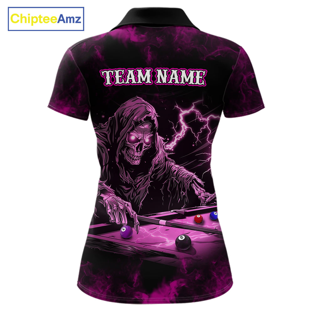 Personalized Pink Grim Reaper Billiard Shirts For Women Custom Smoke Skull Pool Team Jersey TDM7426