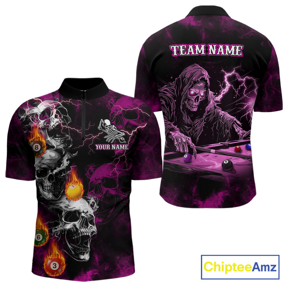 Personalized Pink Grim Reaper Billiard Shirts For Men Custom Smoke Skull Pool Team Jersey TDM7426