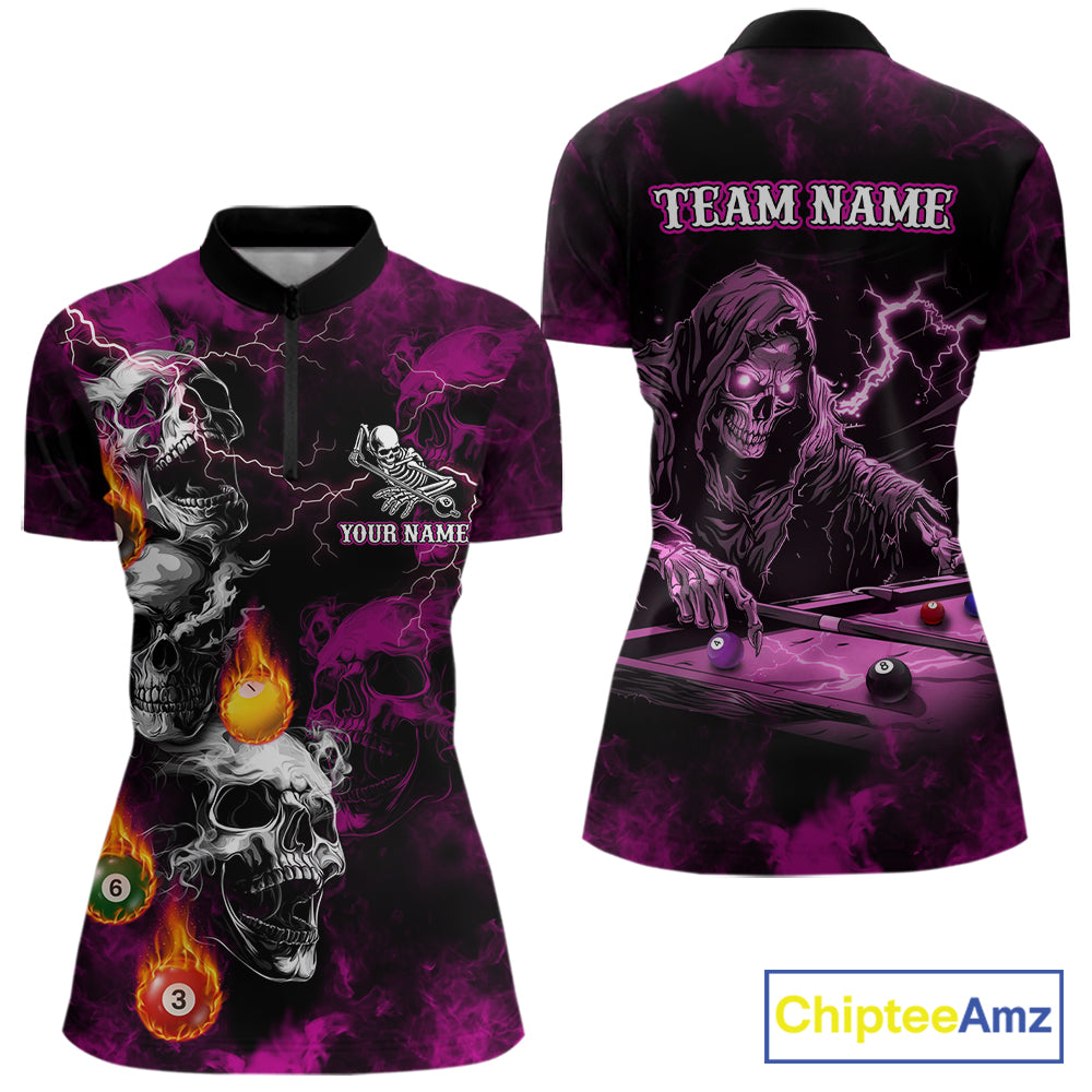 Personalized Pink Grim Reaper Billiard Shirts For Women Custom Smoke Skull Pool Team Jersey TDM7426