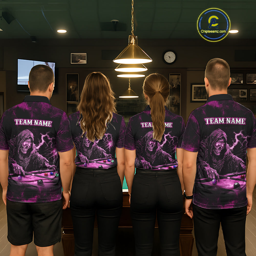 Personalized Pink Grim Reaper Billiard Shirts For Men Custom Smoke Skull Pool Team Jersey TDM7426