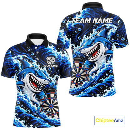 Blue Funny Shark Waving Darts Shirts For Men Custom Darts League Team Jersey Polo & 1/4 Zip TDM8087