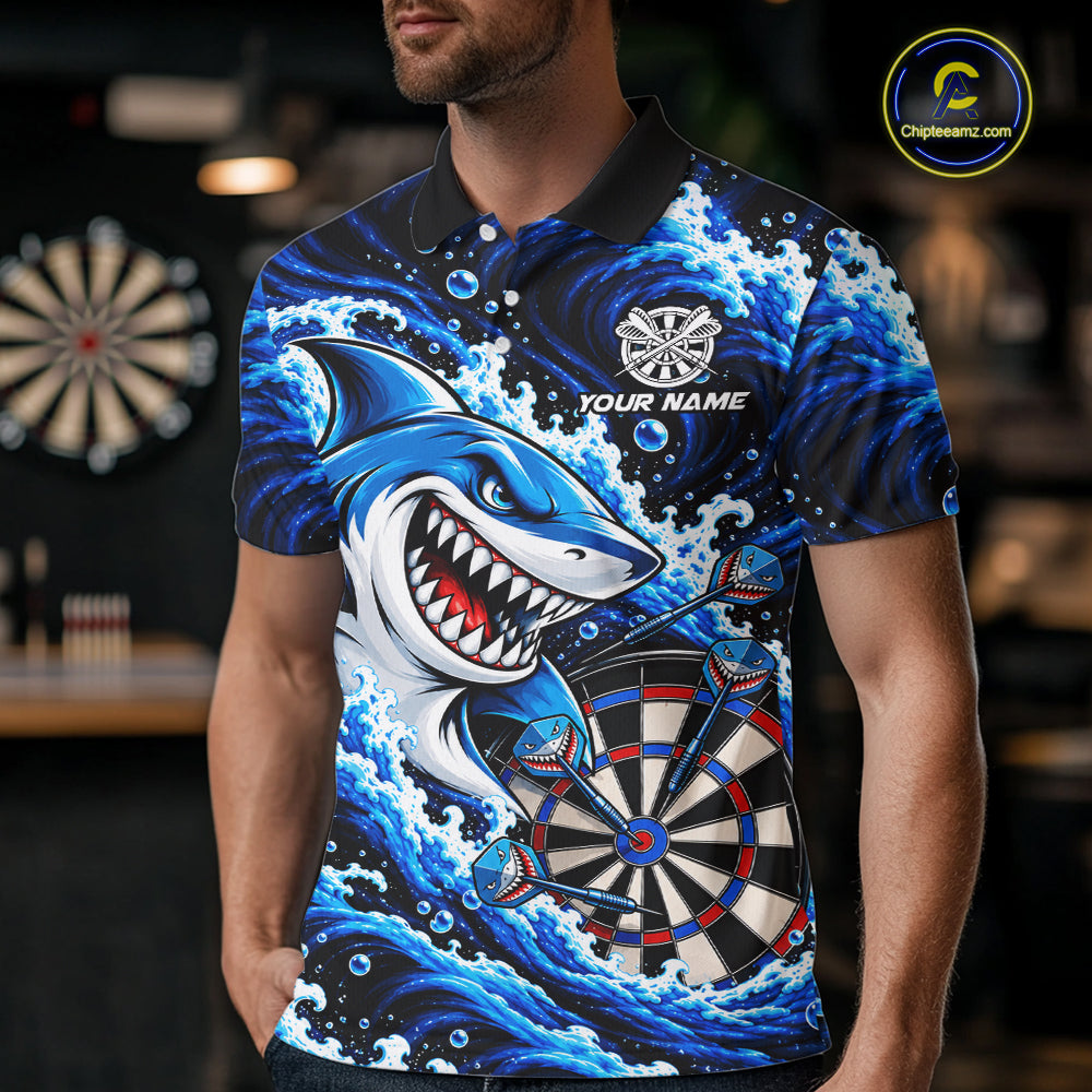 Blue Funny Shark Waving Darts Shirts For Men Custom Darts League Team Jersey Polo & 1/4 Zip TDM8087