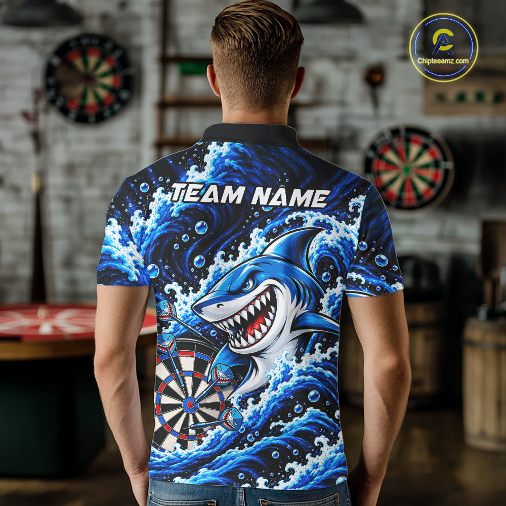 Blue Funny Shark Waving Darts Shirts For Men Custom Darts League Team Jersey Polo & 1/4 Zip TDM8087