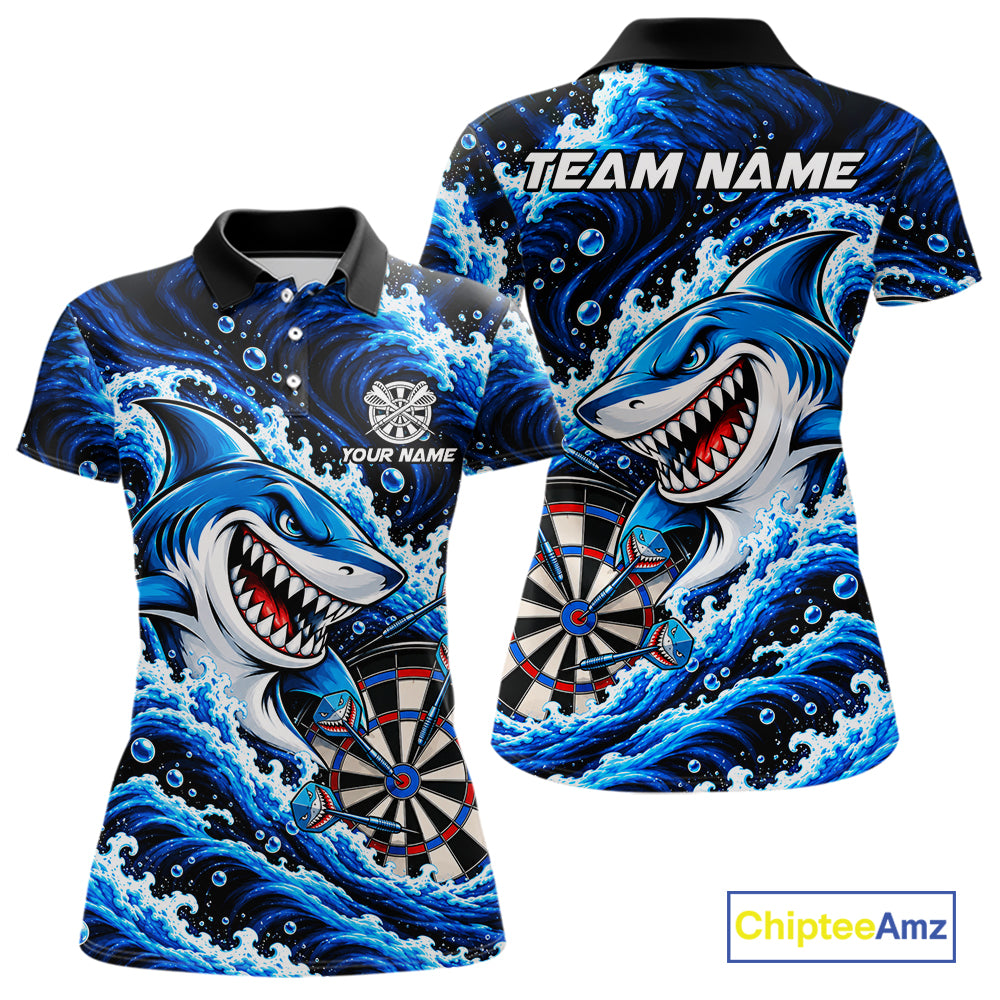 Blue Funny Shark Waving Darts Shirts For Women Custom Darts League Team Jersey Polo & 1/4 Zip TDM8087