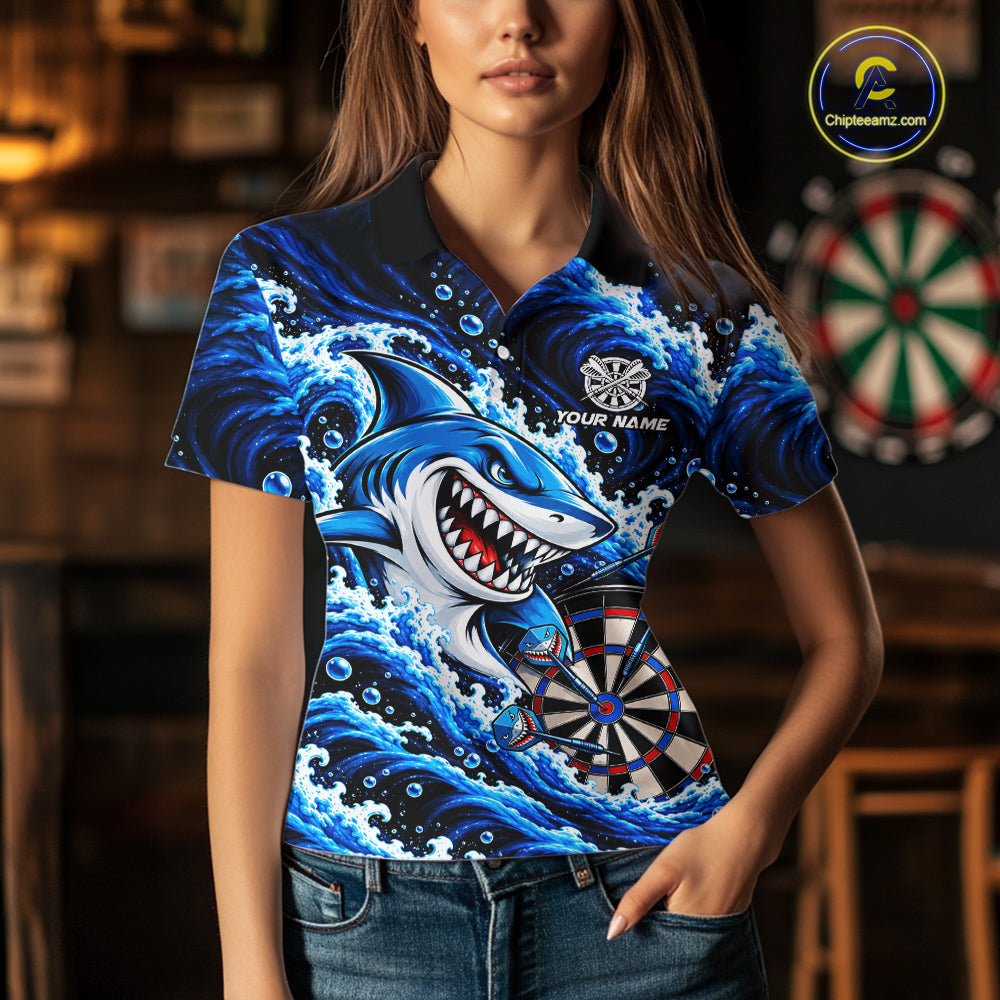 Blue Funny Shark Waving Darts Shirts For Women Custom Darts League Team Jersey Polo & 1/4 Zip TDM8087