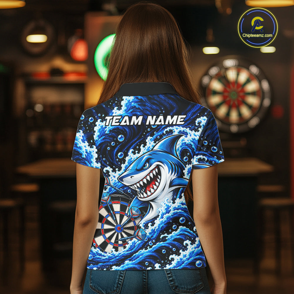 Blue Funny Shark Waving Darts Shirts For Women Custom Darts League Team Jersey Polo & 1/4 Zip TDM8087
