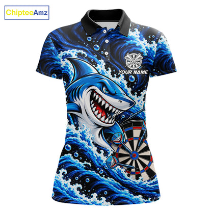 Blue Funny Shark Waving Darts Shirts For Women Custom Darts League Team Jersey Polo & 1/4 Zip TDM8087