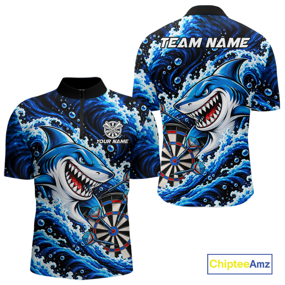 Blue Funny Shark Waving Darts Shirts For Men Custom Darts League Team Jersey Polo & 1/4 Zip TDM8087