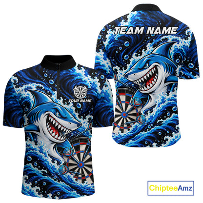Blue Funny Shark Waving Darts Shirts For Men Custom Darts League Team Jersey Polo & 1/4 Zip TDM8087