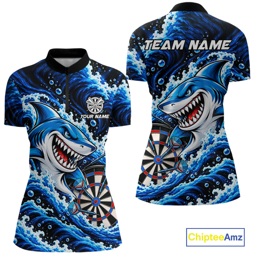 Blue Funny Shark Waving Darts Shirts For Women Custom Darts League Team Jersey Polo & 1/4 Zip TDM8087