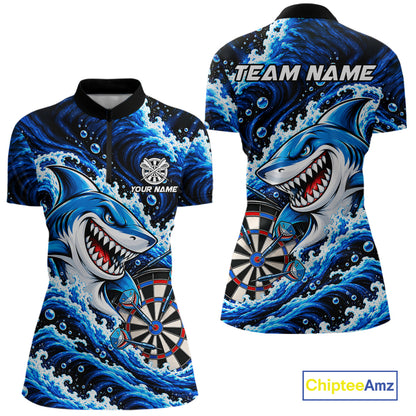 Blue Funny Shark Waving Darts Shirts For Women Custom Darts League Team Jersey Polo & 1/4 Zip TDM8087