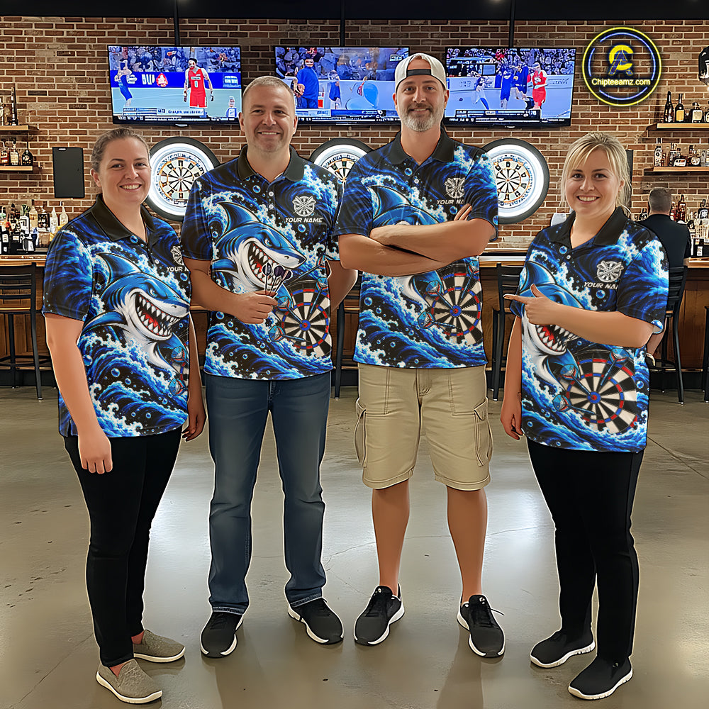 Blue Funny Shark Waving Darts Shirts For Men Custom Darts League Team Jersey Polo & 1/4 Zip TDM8087