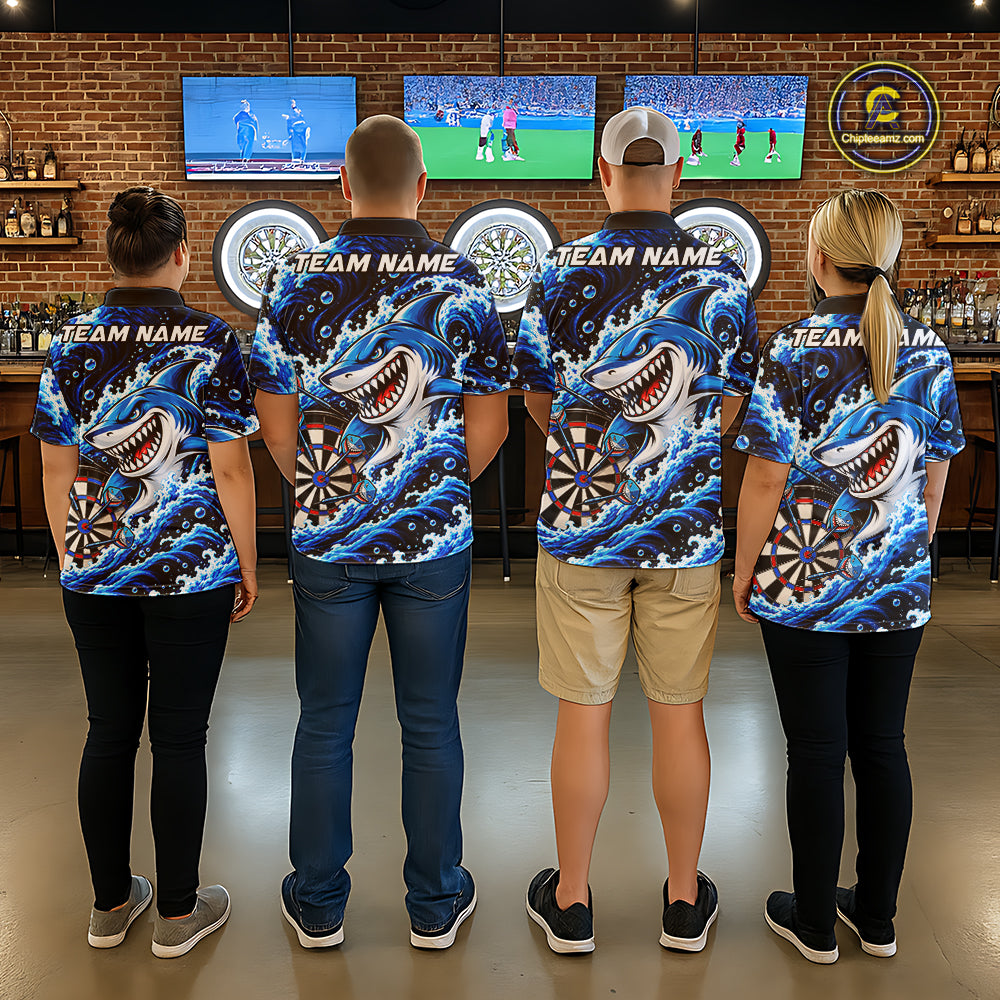 Blue Funny Shark Waving Darts Shirts For Men Custom Darts League Team Jersey Polo & 1/4 Zip TDM8087