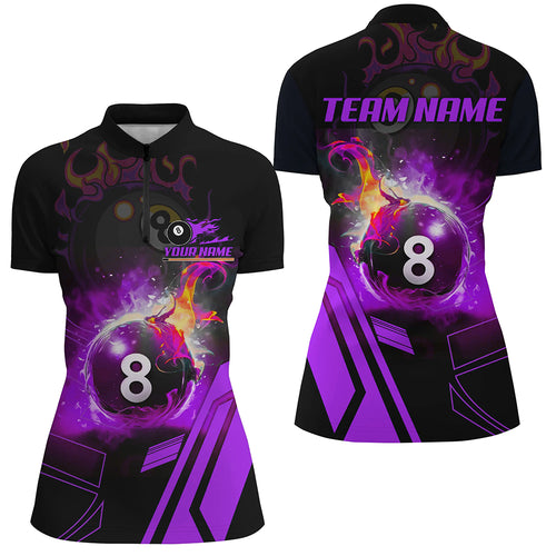 Billiard 8 Ball Flame Purple Version Women Quarter-Zip Shirt Custom Pool Team Jerseys Shirts TDM0676