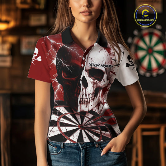 White & Red Skull Dartboard Custom Women Dart Polo Shirt Retro Grunge Dart League Jerseys NYN2083