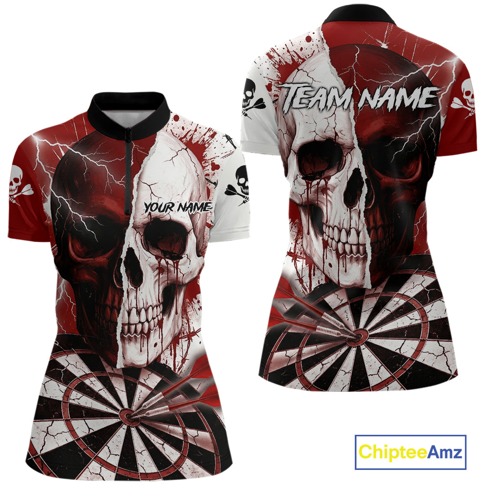 White & Red Skull Dartboard Custom Women Dart Quarter-Zip Shirt Retro Grunge Dart League Jerseys NYN2083