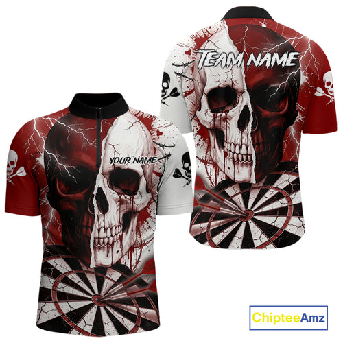 White & Red Skull Dartboard Custom Men Dart Quarter-Zip Shirt Retro Grunge Dart League Jerseys NYN2083
