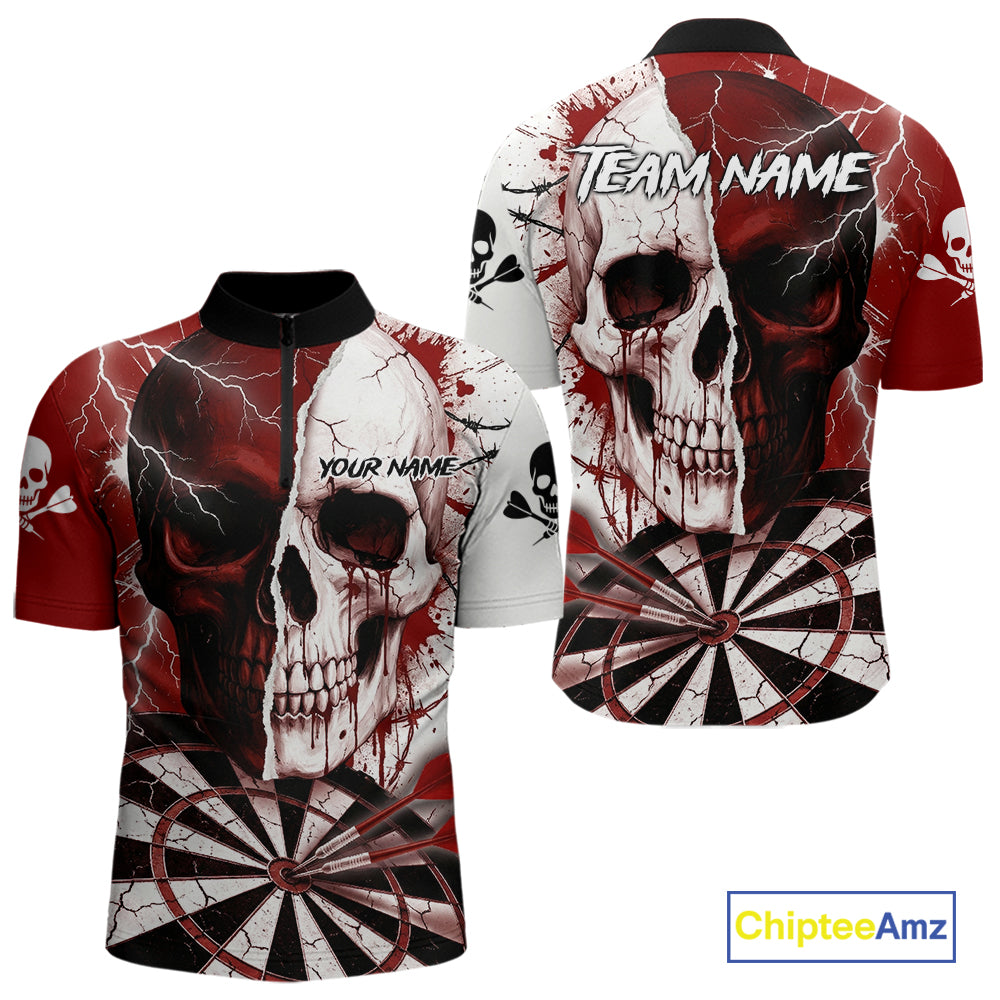 White & Red Skull Dartboard Custom Men Dart Quarter-Zip Shirt Retro Grunge Dart League Jerseys NYN2083