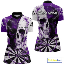Load image into Gallery viewer, White &amp; Purple Skull Dartboard Custom Women Dart Quarter-Zip Shirt Retro Grunge Dart League Jerseys NYN2084