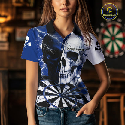 White & Blue Skull Dartboard Custom Women Dart Polo Shirt Retro Grunge Dart League Jerseys NYN2085