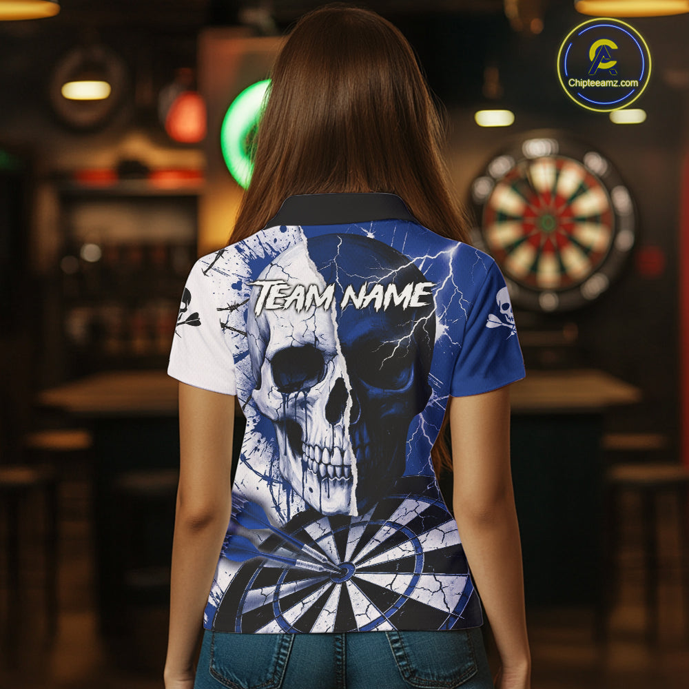 White & Blue Skull Dartboard Custom Women Dart Polo Shirt Retro Grunge Dart League Jerseys NYN2085