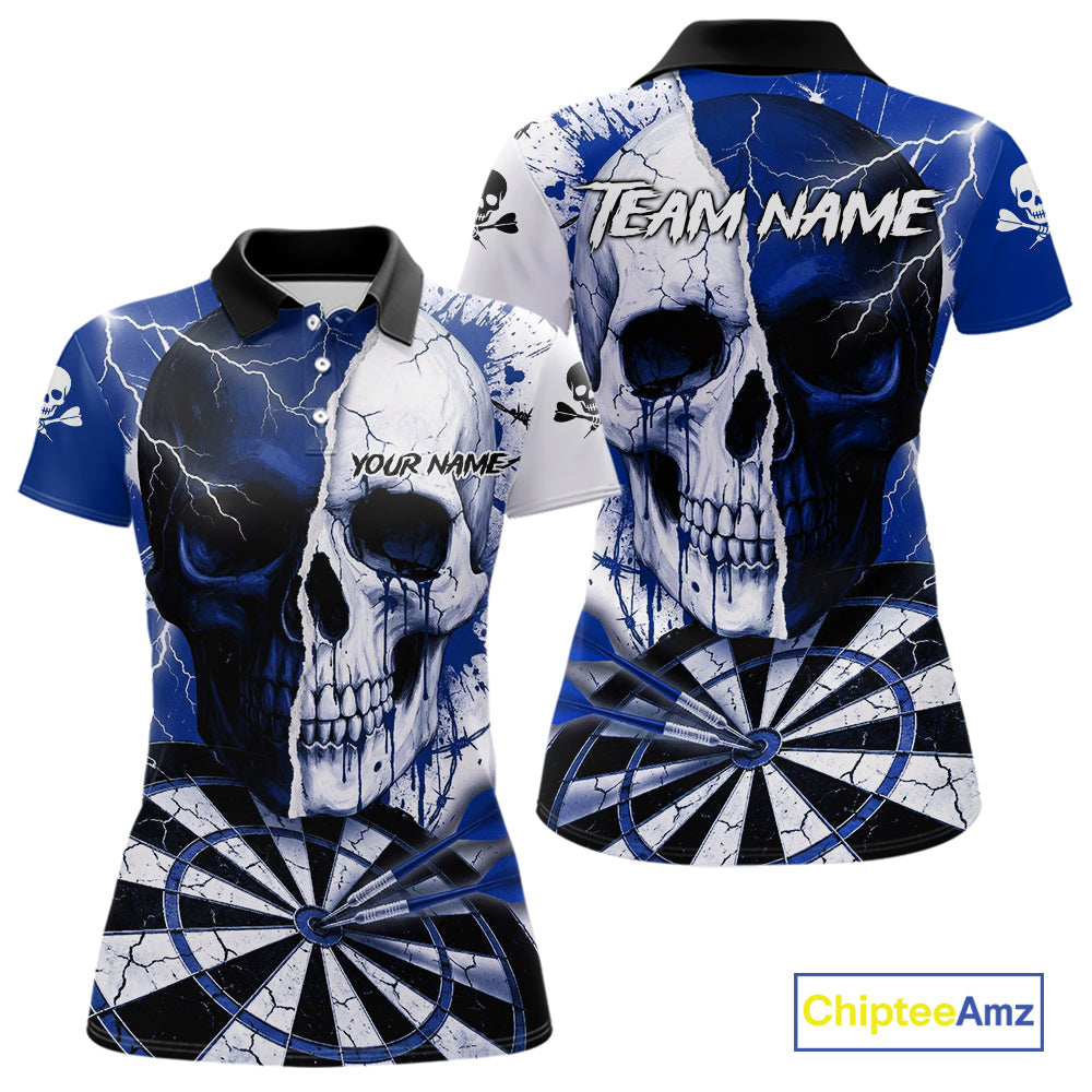 White & Blue Skull Dartboard Custom Women Dart Polo Shirt Retro Grunge Dart League Jerseys NYN2085