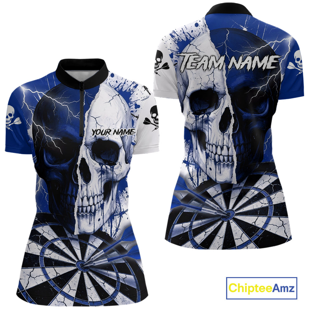 White & Blue Skull Dartboard Custom Women Dart Quarter-Zip Shirt Retro Grunge Dart League Jerseys NYN2085
