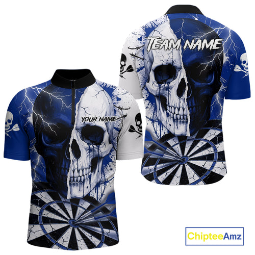 White & Blue Skull Dartboard Custom Men Dart Quarter-Zip Shirt Retro Grunge Dart League Jerseys NYN2085
