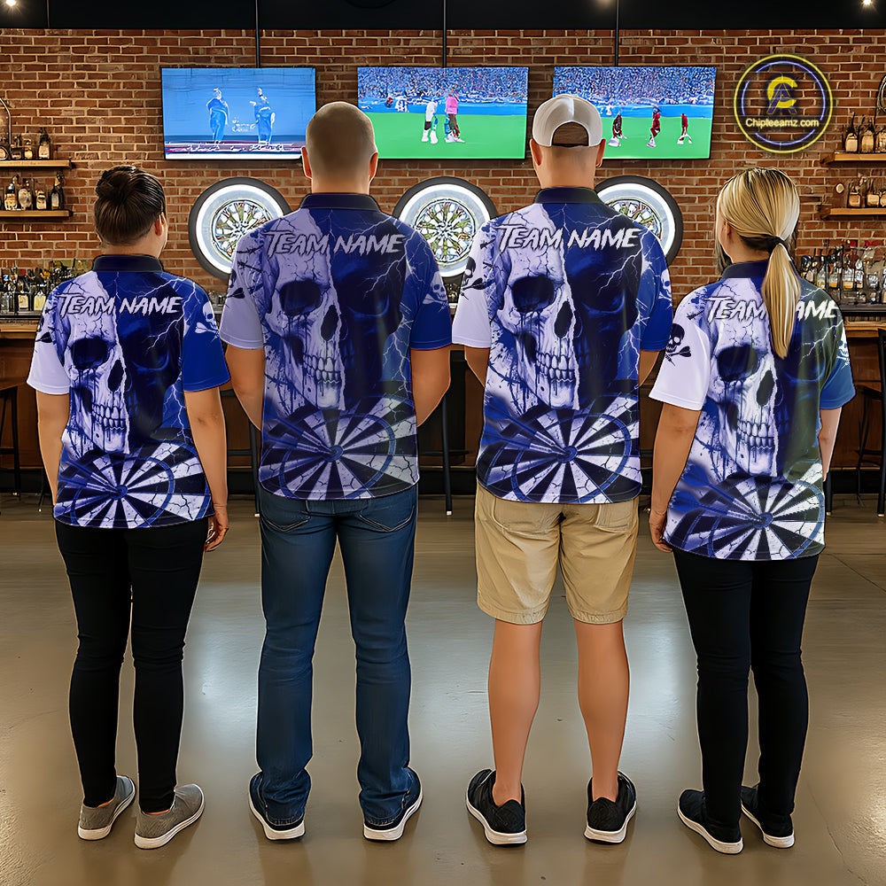 White & Blue Skull Dartboard Custom Men Dart Polo Shirt Retro Grunge Dart League Jerseys NYN2085