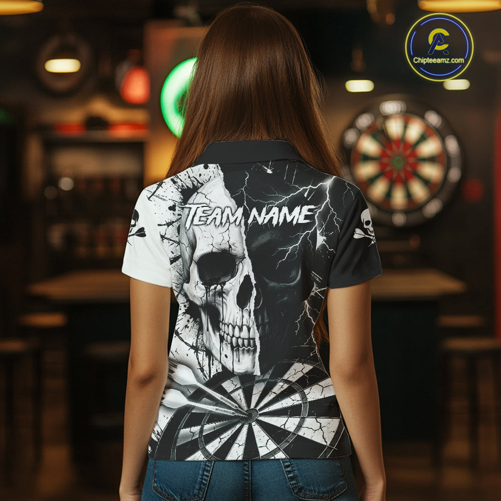 White & Black Skull Dartboard Custom Women Dart Polo Shirt Retro Grunge Dart League Jerseys NYN2086