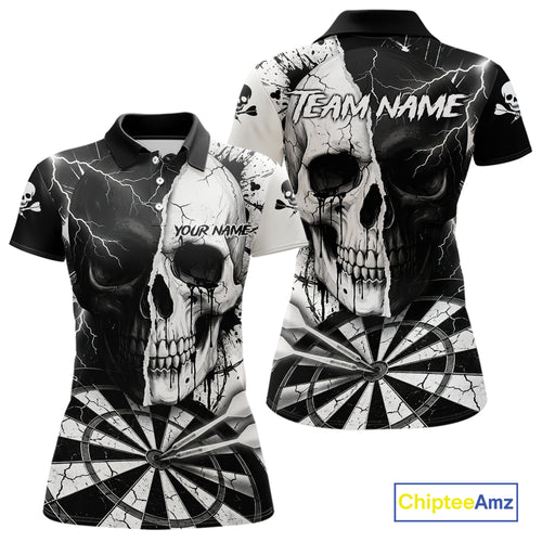 White & Black Skull Dartboard Custom Women Dart Polo Shirt Retro Grunge Dart League Jerseys NYN2086