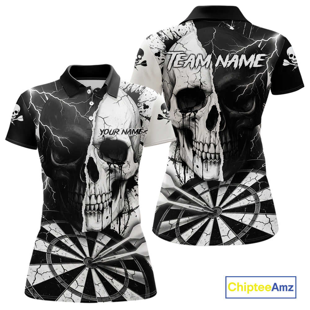 White & Black Skull Dartboard Custom Women Dart Polo Shirt Retro Grunge Dart League Jerseys NYN2086
