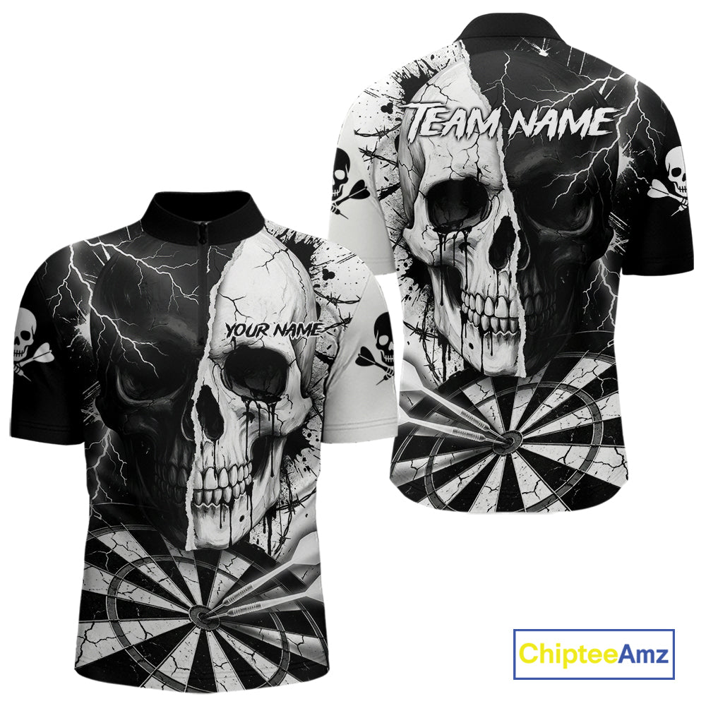 White & Black Skull Dartboard Custom Men Dart Quarter-Zip Shirt Retro Grunge Dart League Jerseys NYN2086