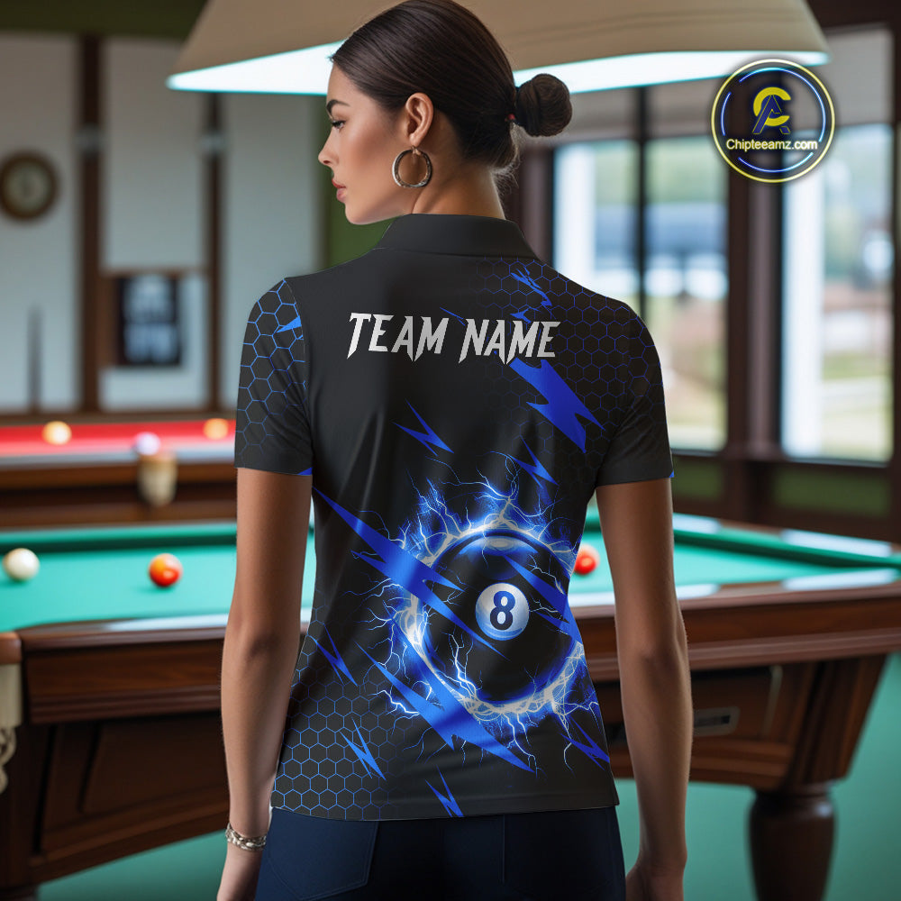 Blue 8 Ball Pool Thunder Lightning Storm Women's Billiard Shirt Custom Billiard Jersey Polo & 1/4 Zip TDM3832