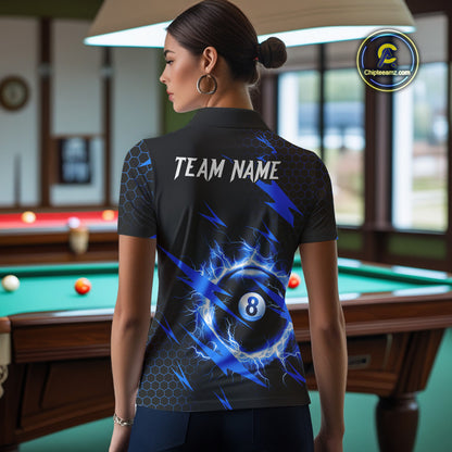 Blue 8 Ball Pool Thunder Lightning Storm Women's Billiard Shirt Custom Billiard Jersey Polo & 1/4 Zip TDM3832