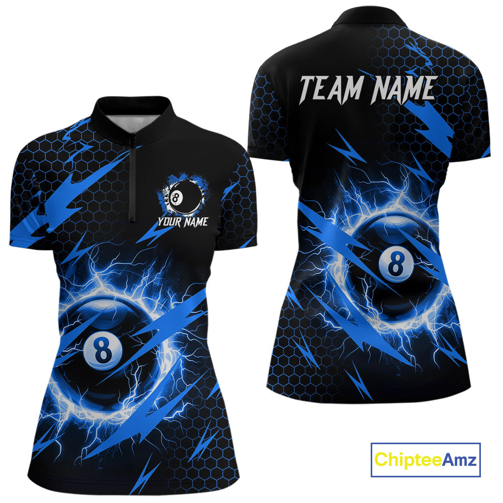 Blue 8 Ball Pool Thunder Lightning Storm Women's Billiard Shirt Custom Billiard Jersey Polo & 1/4 Zip TDM3832