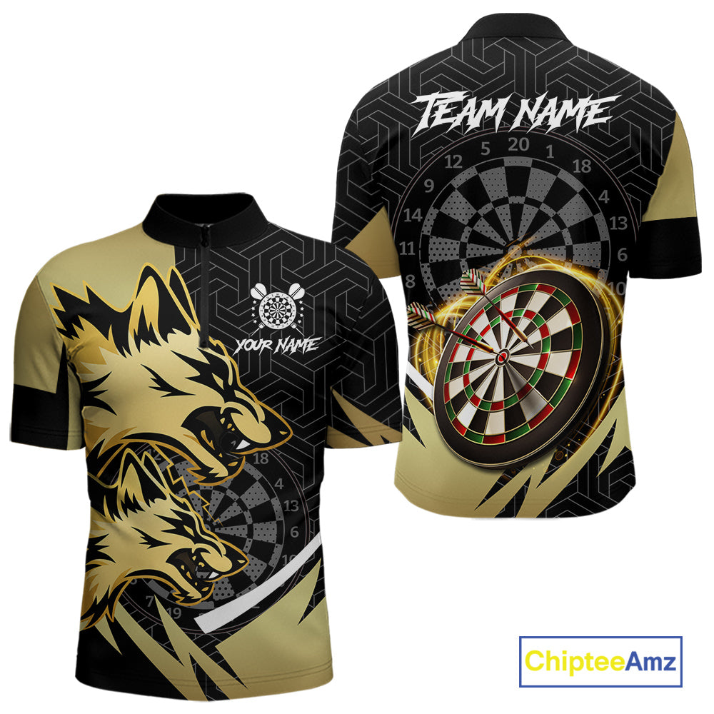 Black And Gold Dartboard Wolf Darts Shirt For Men Custom Darts Jersey Team Polo & 1/4 Zip TDM6470