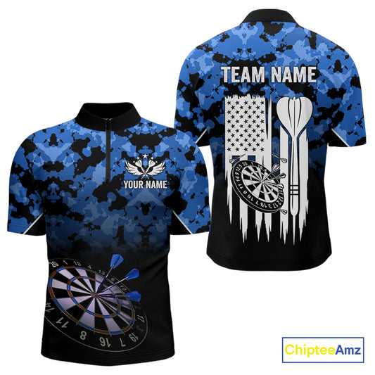 Personalized US Flag Blue Camo Dart Shirts For Men, Patriotic Darts Jersey Team Polo & 1/4 Zip TDM4128