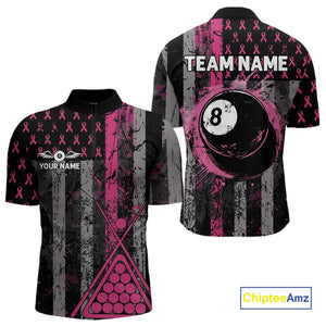 Custom Pink Ribbon Grunge US Flag Billiard Shirt For Men, Breast Cancer 8 Ball Pool Team Jersey TDM4500
