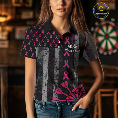 Personalized Grunge US Flag Pink Ribbon Patriotic Darts Shirt For Women, Breast Cancer Darts Jersey TDM4501