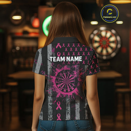 Personalized Grunge US Flag Pink Ribbon Patriotic Darts Shirt For Women, Breast Cancer Darts Jersey TDM4501