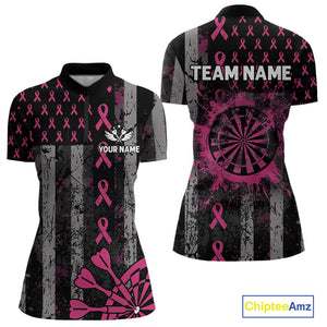 Personalized Grunge US Flag Pink Ribbon Patriotic Darts Shirt For Women, Breast Cancer Darts Jersey TDM4501
