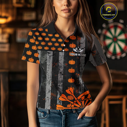 Personalized Orange Grunge US Flag Pumpkin Darts Shirt For Women, Halloween Darts Jersey Outfit TDM4502