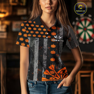 Personalized Orange Grunge US Flag Pumpkin Darts Shirt For Women, Halloween Darts Jersey Outfit TDM4502