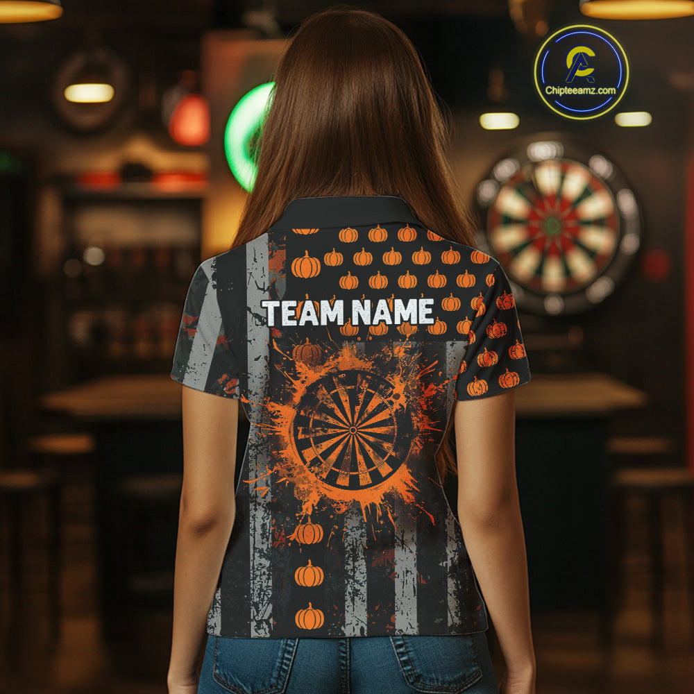 Personalized Orange Grunge US Flag Pumpkin Darts Shirt For Women, Halloween Darts Jersey Outfit TDM4502