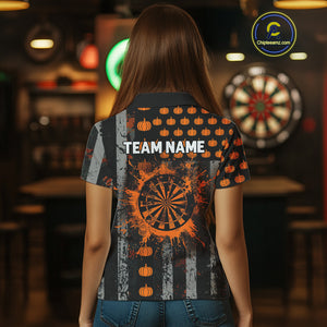 Personalized Orange Grunge US Flag Pumpkin Darts Shirt For Women, Halloween Darts Jersey Outfit TDM4502