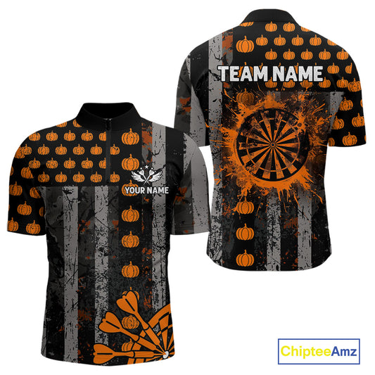 Personalized Orange Grunge US Flag Pumpkin Darts Shirt For Men, Halloween Darts Jersey Outfit TDM4502
