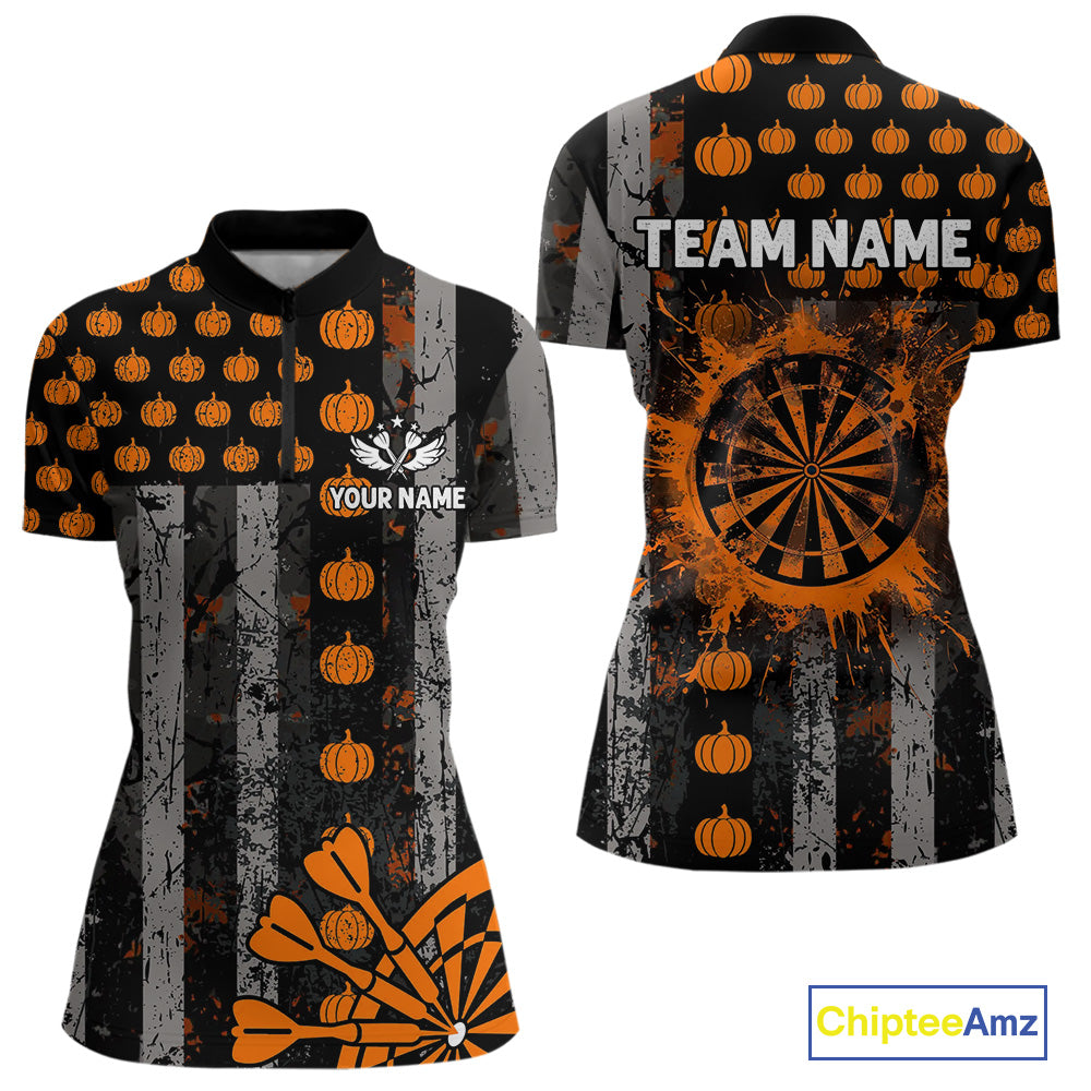 Personalized Orange Grunge US Flag Pumpkin Darts Shirt For Women, Halloween Darts Jersey Outfit TDM4502