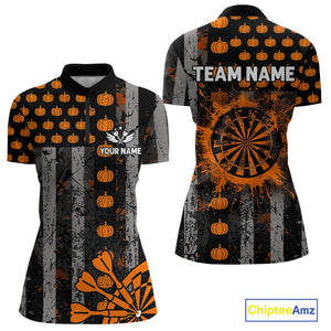 Personalized Orange Grunge US Flag Pumpkin Darts Shirt For Women, Halloween Darts Jersey Outfit TDM4502